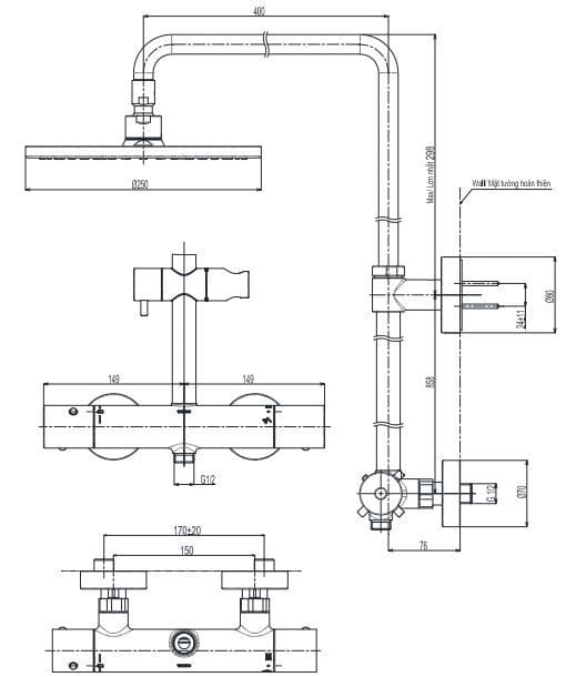 Bản vẽ Vòi sen tắm đứng nhiệt độ TOTO TBW07404A