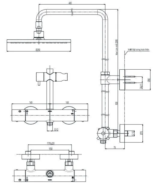Bản vẽ Vòi sen tắm đứng nhiệt độ TOTO TBW07404A