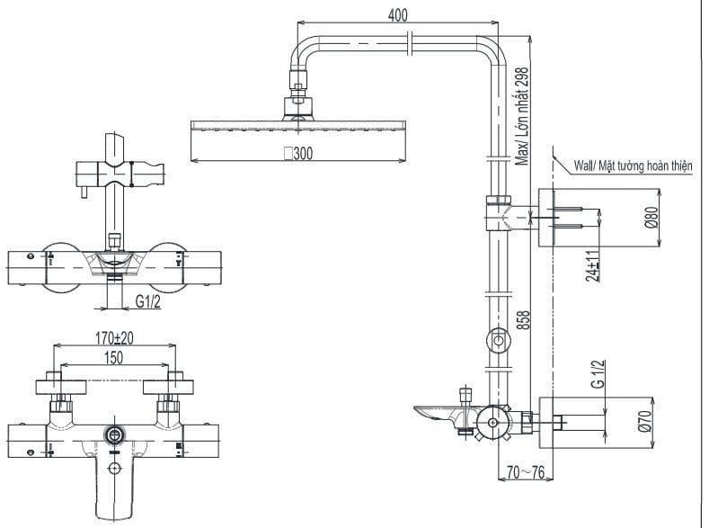 Bản vẽ Vòi sen tắm đứng nhiệt độ TOTO TBW08405A