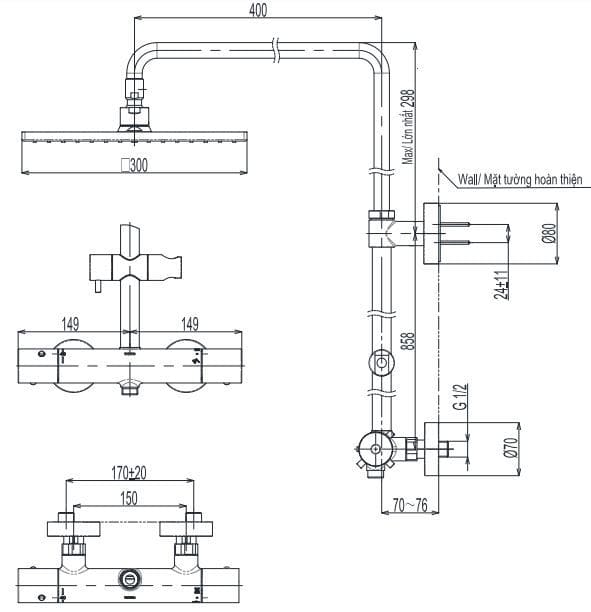 Bản vẽ Vòi sen tắm đứng nhiệt độ TOTO TBW08406A