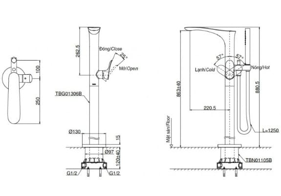 Bản vẽ Vòi xả bồn tắm đặt sàn TOTO TBG01306BA/TBN01105B