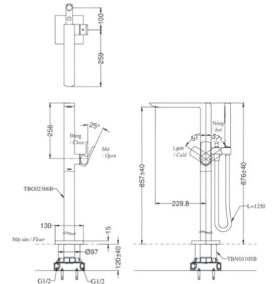 Bản vẽ Vòi xả bồn tắm đặt sàn TOTO TBG02306BA/TBN01105B