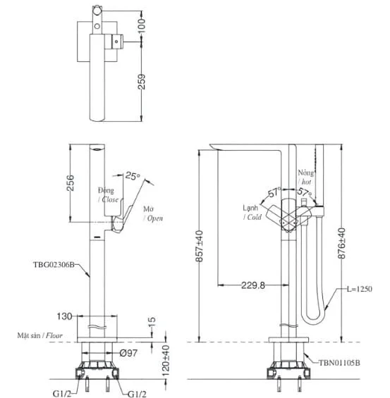Bản vẽ Vòi xả bồn tắm đặt sàn TOTO TBG02306BA/TBN01105B