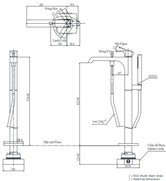 Bản vẽ Vòi xả bồn tắm đặt sàn TOTO TBG08306AA/TBN01105B