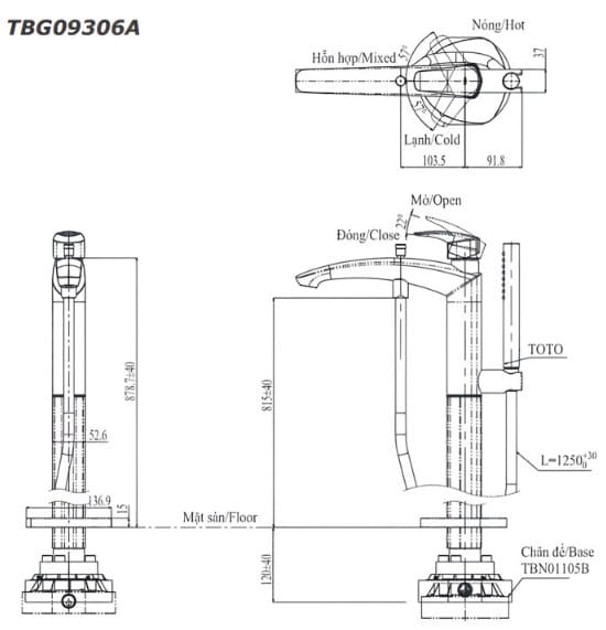 Bản vẽ Vòi xả bồn tắm đặt sàn TOTO TBG09306AA/TBN01105B