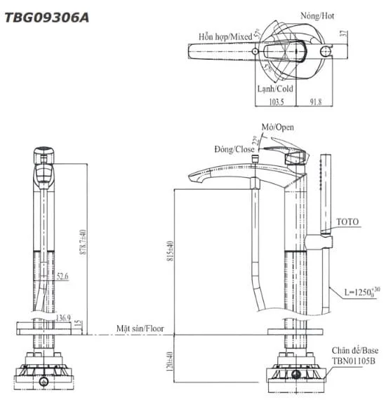 Bản vẽ Vòi xả bồn tắm đặt sàn TOTO TBG09306AA/TBN01105B