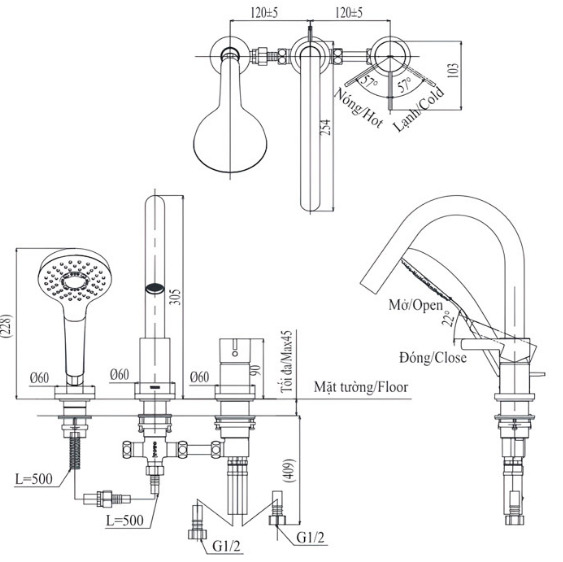 Bản vẽ kỹ thuật Vòi xả bồn tắm gắn bồn TOTO TBG11305AA