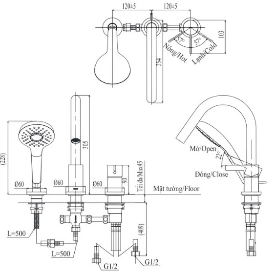 Bản vẽ kỹ thuật Vòi xả bồn tắm gắn bồn TOTO TBG11305AA