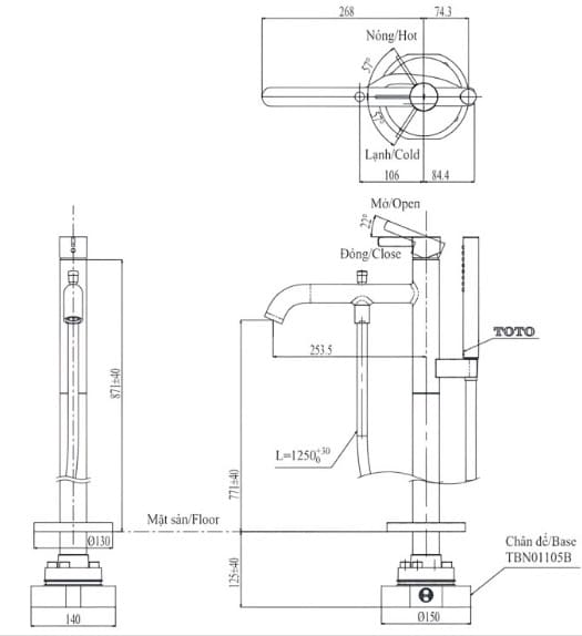 Bản vẽ Vòi xả bồn tắm đặt sàn TOTO TBG11306AA/TBN01105B