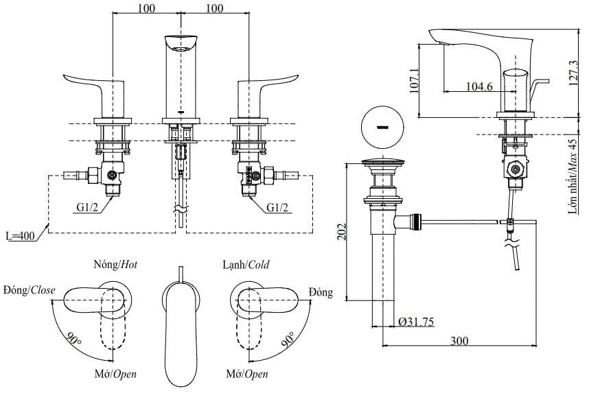 Bản vẽ Vòi chậu Nóng Lạnh 3 Lỗ TOTO TLG01201BB