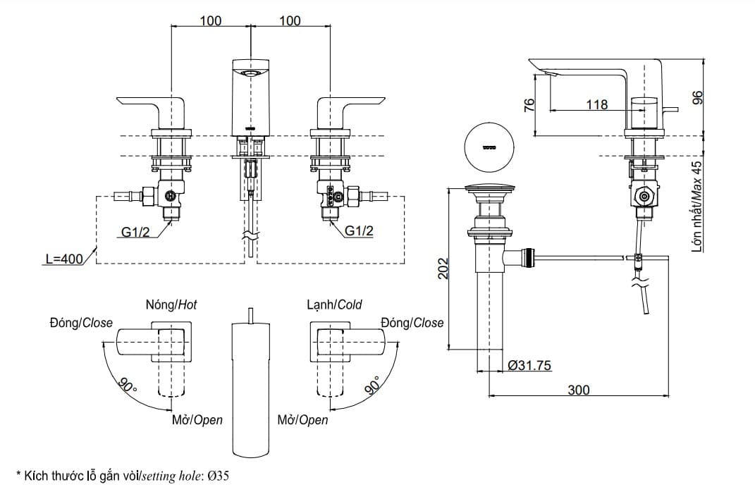 Bản vẽ Vòi chậu Nóng Lạnh 3 Lỗ TOTO TLG02201BB
