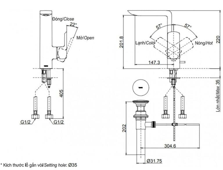 Bản vẽ Vòi chậu nóng lạnh TOTO TLG02309BB