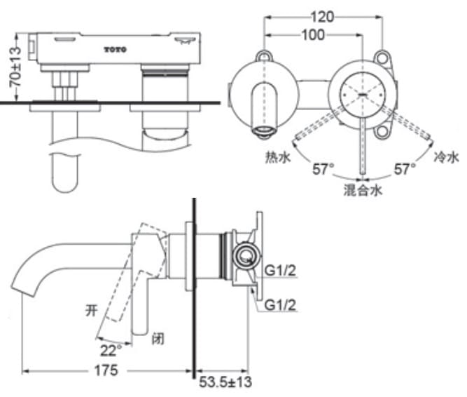 Bản vẽ Vòi chậu Nóng Lạnh Gắn Tường TOTO TLG11307BA