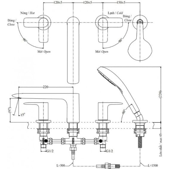 Bản vẽ Vòi sen xả bồn tắm gắn bồn TOTO TBG04202BB
