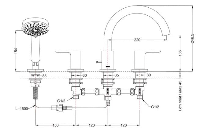 Bản vẽ Vòi sen xả bồn tắm gắn bồn TOTO TBS01202BA