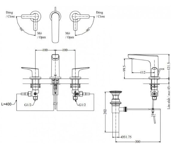 Bản vẽ Vòi chậu Nóng Lạnh 3 Lỗ TOTO TLG03201BB