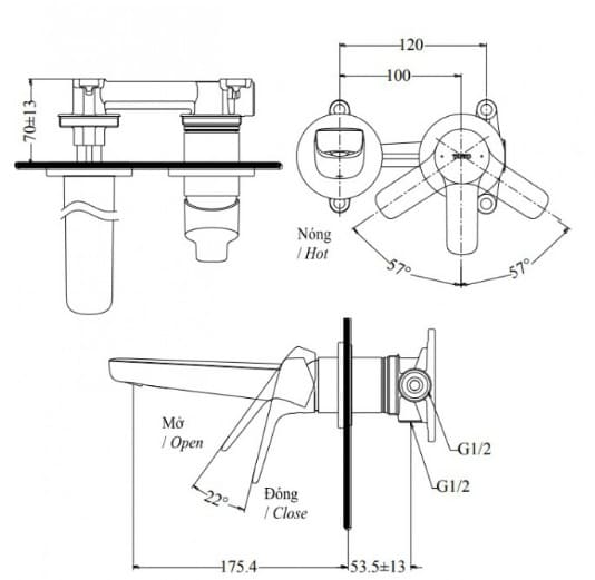 Bản vẽ Vòi chậu Nóng Lạnh Gắn Tường TOTO TLG03307BB