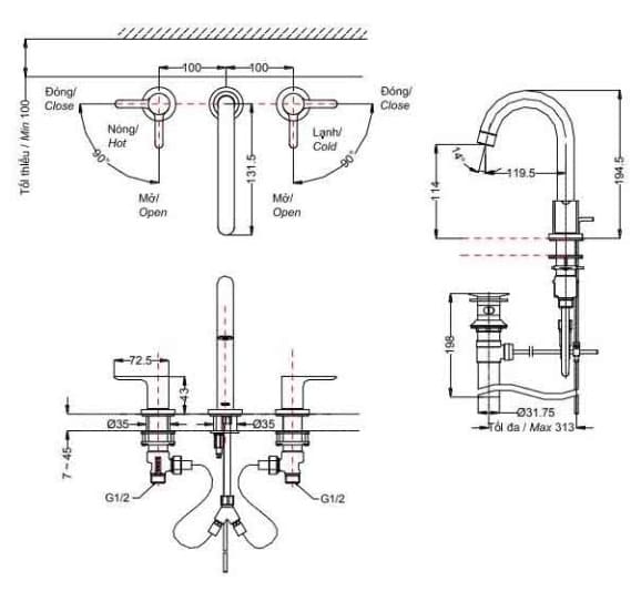 Bản vẽ Vòi chậu Nóng Lạnh 3 Lỗ TOTO TLS01201BA