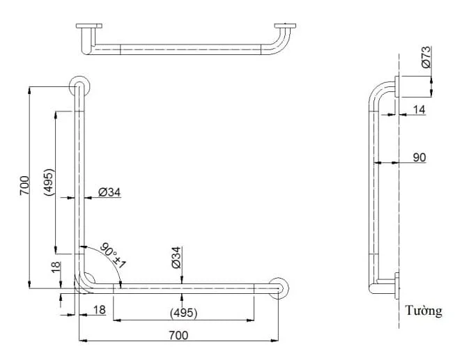 Bản vẽ Thanh Vịn Gắn Tường TOTO T114CL9R#NW1/T110D3R(x3)