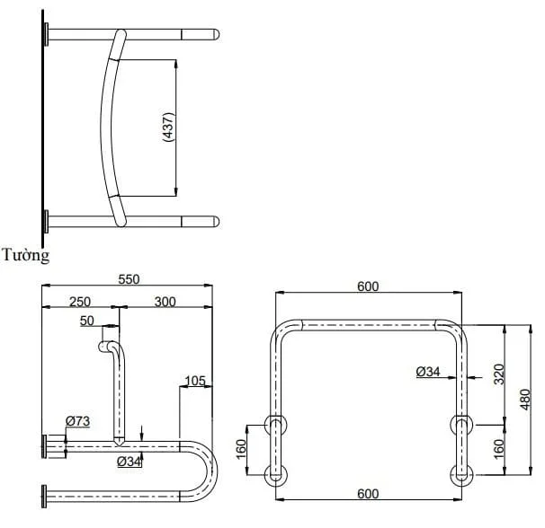 Bản vẽ Thanh Vịn Gắn Tường TOTO T114CU22R#MLA/T110D3R(x4)