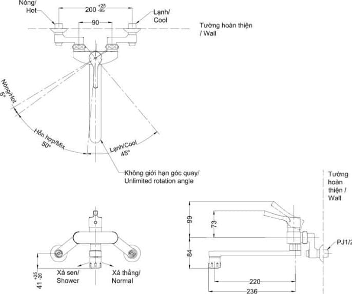 Bản vẽ Vòi rửa bát nóng lạnh gắn tường TOTO TKS05316J
