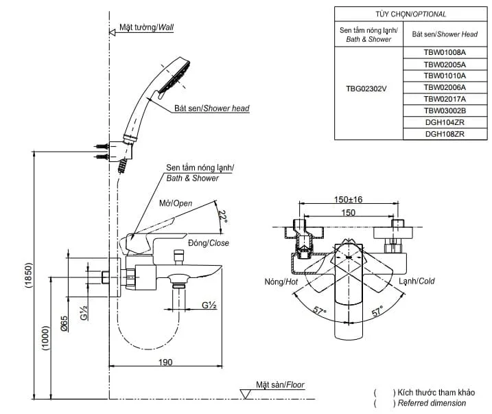 Bản vẽ Củ sen tắm nóng lạnh TOTO TBG02302VA