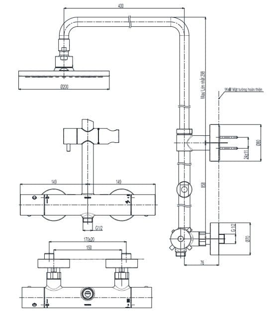 Bản vẽ Bản vẽ Vòi sen tắm đứng nhiệt độ TOTO TBW07402A