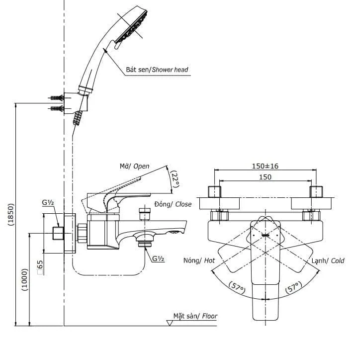 Bản vẽ Vòi sen tắm nóng lạnh TOTO TBG07302VA/TBW02006A
