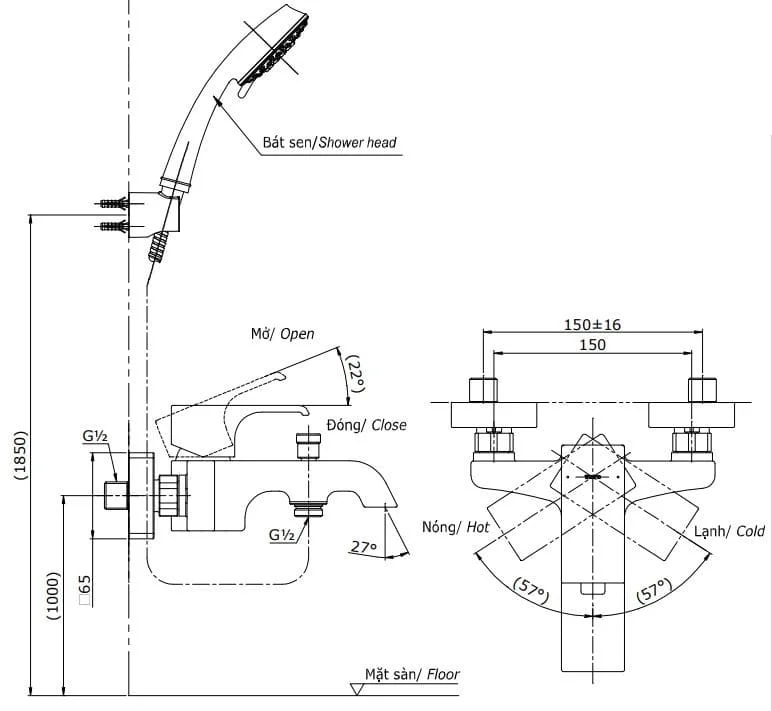 Bản vẽ Vòi sen tắm nóng lạnh TOTO TBG08302VA/TBW02005A