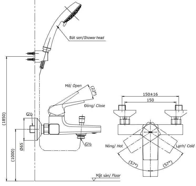 Bản vẽ Vòi sen tắm nóng lạnh TOTO TBG10302VA/TBW02017A