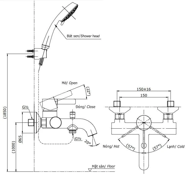 Bản vẽ Vòi sen tắm nóng lạnh TOTO TBG11302VA/TBW02006A
