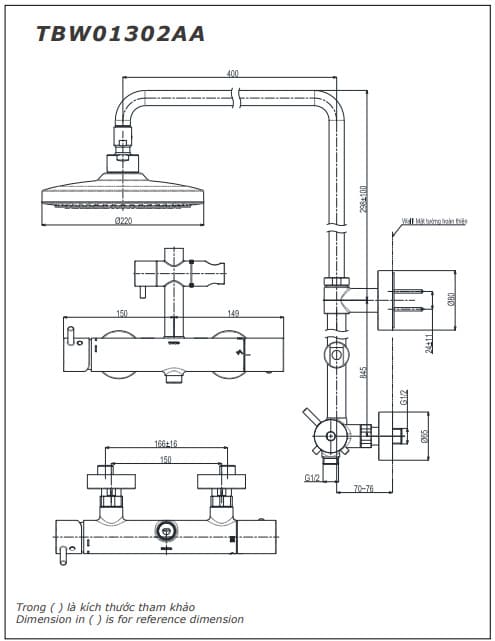 Bản vẽ Vòi sen tắm đứng nhiệt độ TOTO TBW01302AB