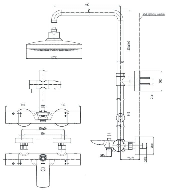 Bản vẽ Vòi sen tắm đứng nhiệt độ TOTO TBW01401AA