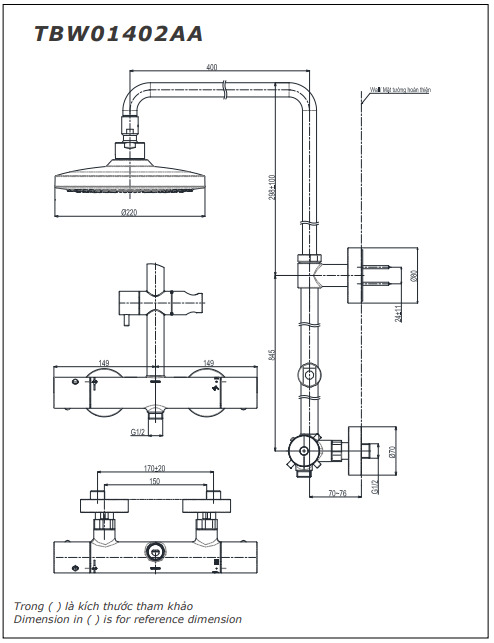 Bản vẽ Vòi sen tắm đứng nhiệt độ TOTO TBW01402AA