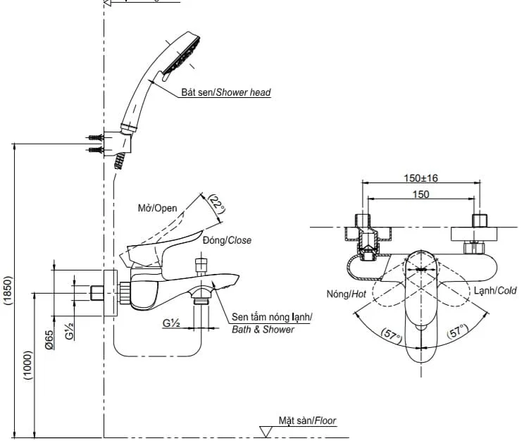 Bản vẽ Vòi sen tắm nóng lạnh TOTO TBG11302VA/TBW02006A