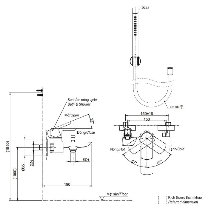 Bản vẽ Vòi sen tắm nóng lạnh TOTO TBG02302VA/TBW02017A