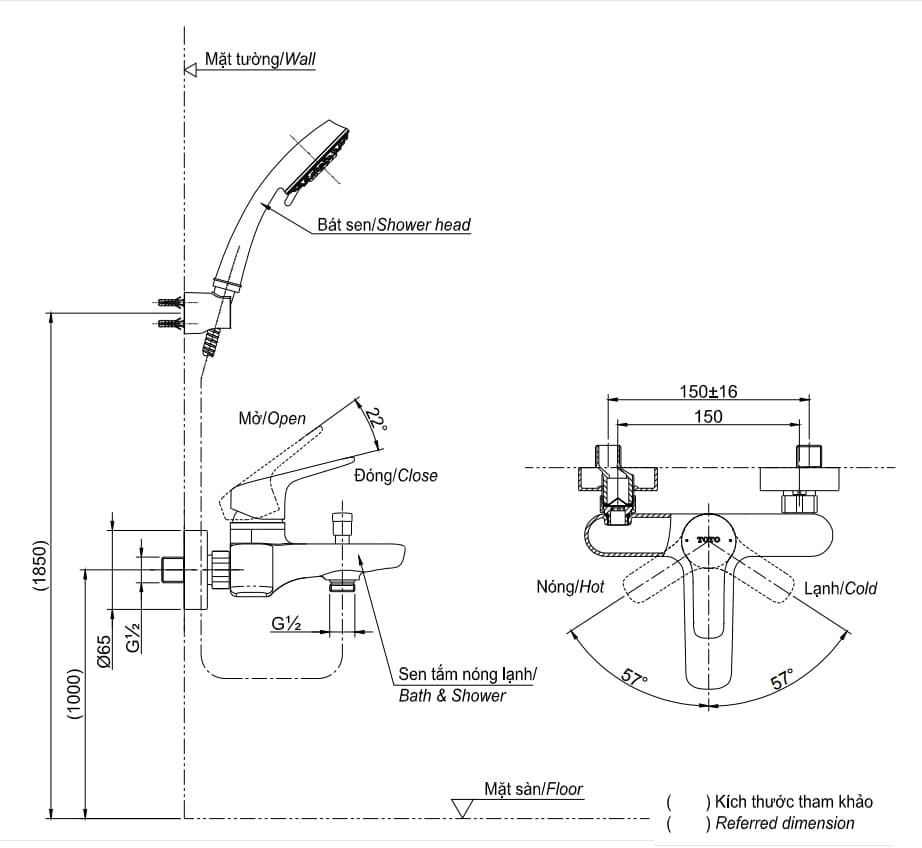 Bản vẽ Vòi sen tắm nóng lạnh TOTO TBG03302VA/TBW02017A