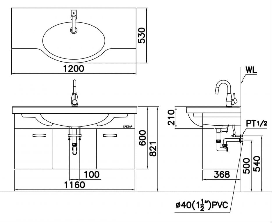 Bản vẽ Bộ Tủ chậu lavabo Treo Tường Caesar LF5324+EH213V