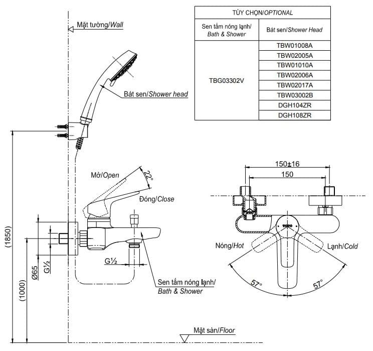 Bản vẽ Vòi sen tắm nóng lạnh TOTO TBG04302VA/DGH108ZR