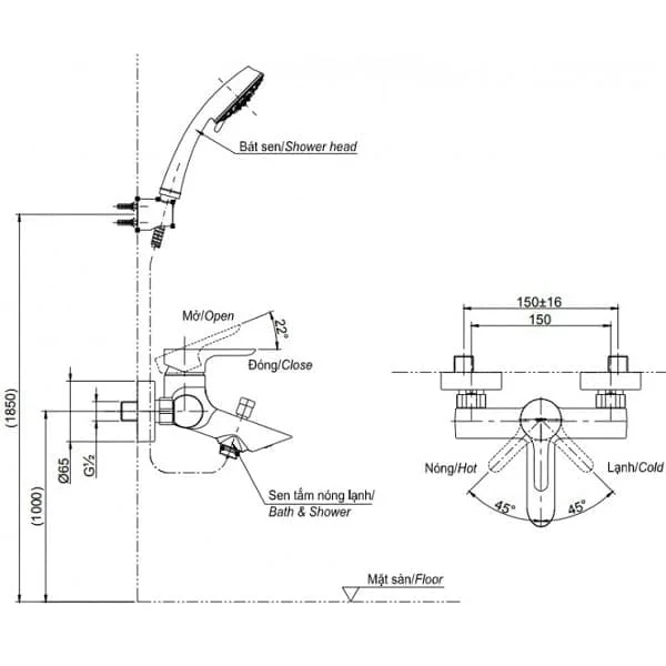 Bản vẽ Vòi sen tắm nóng lạnh TOTO TBS04302V/TBW07009A