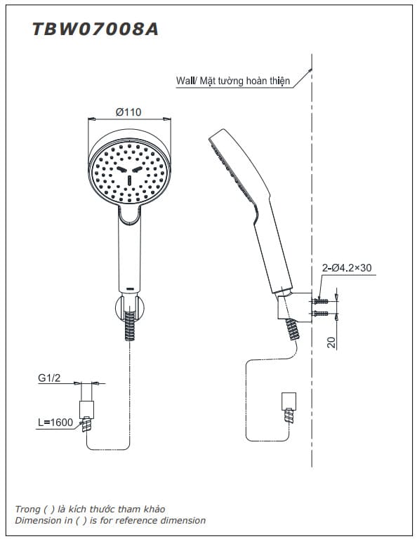 Bản vẽ Tay sen 1 chế độ TOTO TBW07008A