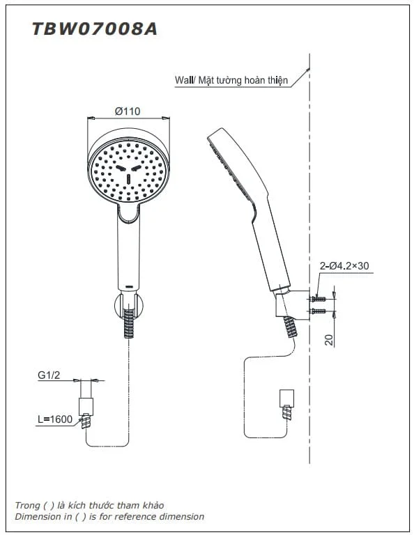 Bản vẽ Tay sen 1 chế độ TOTO TBW07008A