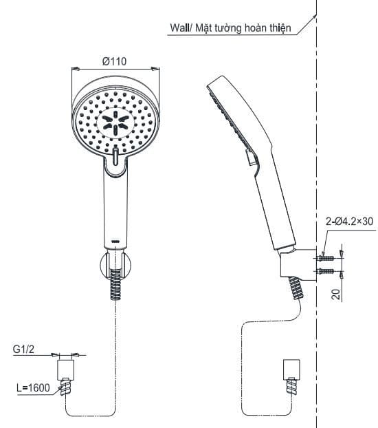 Bản vẽ Tay sen 3 chế độ TOTO TBW07009A