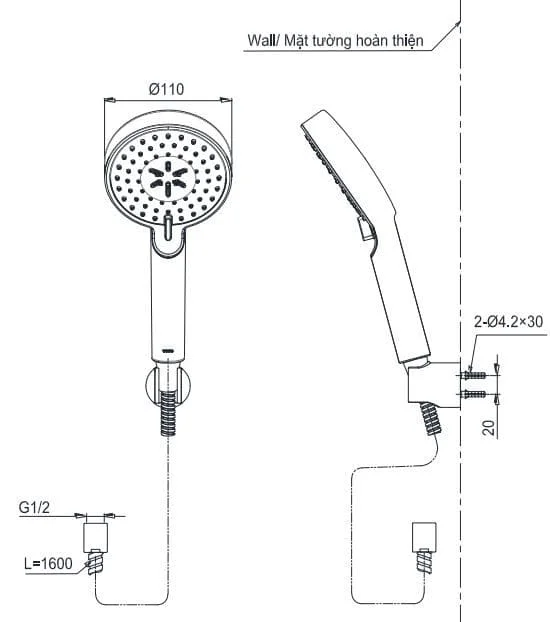 Bản vẽ Tay sen 3 chế độ TOTO TBW07009A