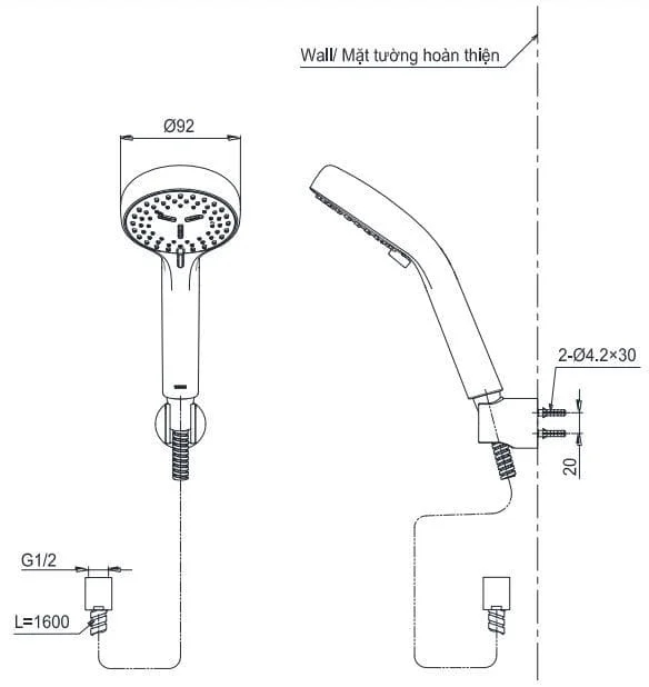 Bản vẽ Tay sen 3 chế độ TOTO TBW07012A