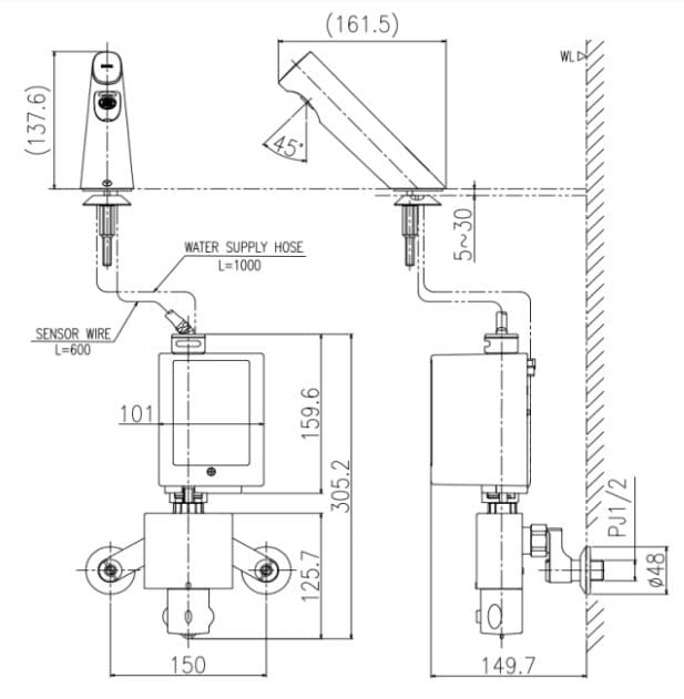 Bản vẽ Vòi cảm ứng nóng lạnh dùng pin Inax AMV-300K