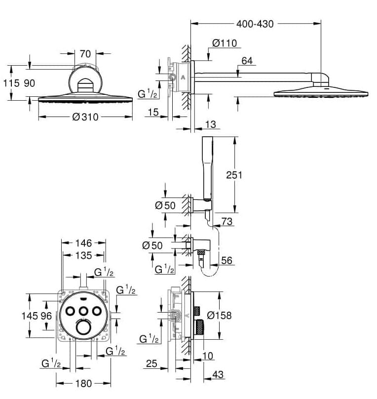 Bản vẽ Sen Tắm Nóng Lạnh Âm Tường Đức Grohe 34705000