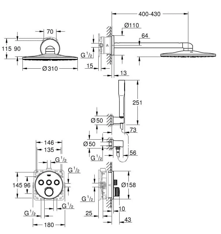 Bản vẽ Sen Tắm Nóng Lạnh Âm Tường Đức Grohe 34705000