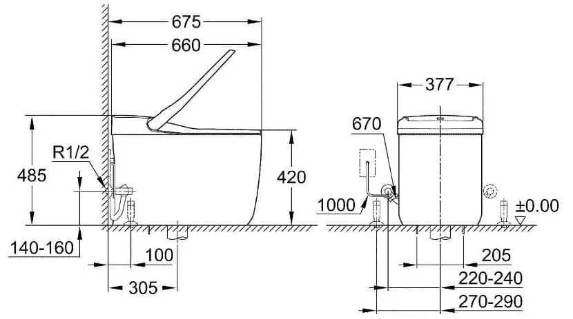 Bản vẽ Bồn Cầu Cảm Ứng Đặt Sàn Đức Grohe 39355SH0