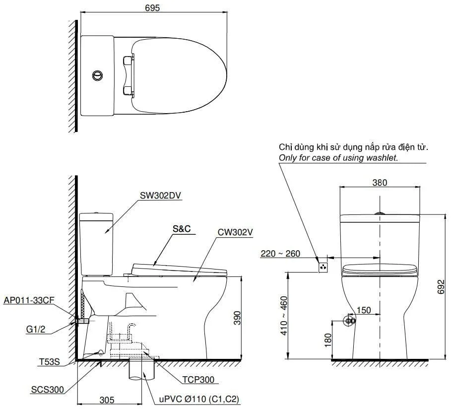 Bản vẽ Bồn cầu 2 khối xả nhấn nắp êm TOTO CS302DT3#W